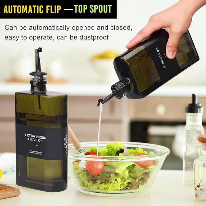 Glass Multi-Purpose Kitchen Dispenser Set | Universal for Olive Oil, Vinegar, Soy Sauce, and Syrup with Stainless Steel Pourers,2-Pack Dark Green,Avoid Sunlight
