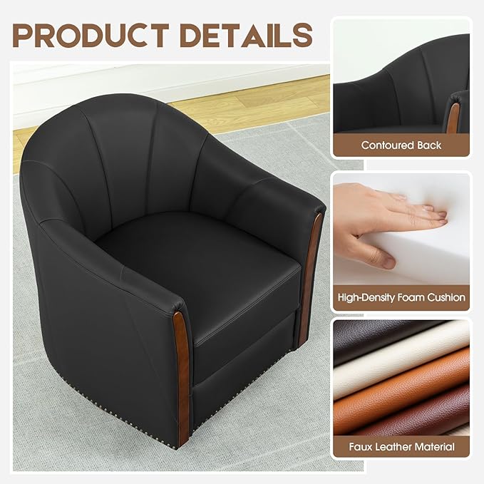 360° Swivel Accent Chair, Modern Leather Barrel Club Chair with PU Leather Upholstery and Sturdy Wood Base, Comfortable Armchair for Living Room, Bedroom, Reading Nook, Black