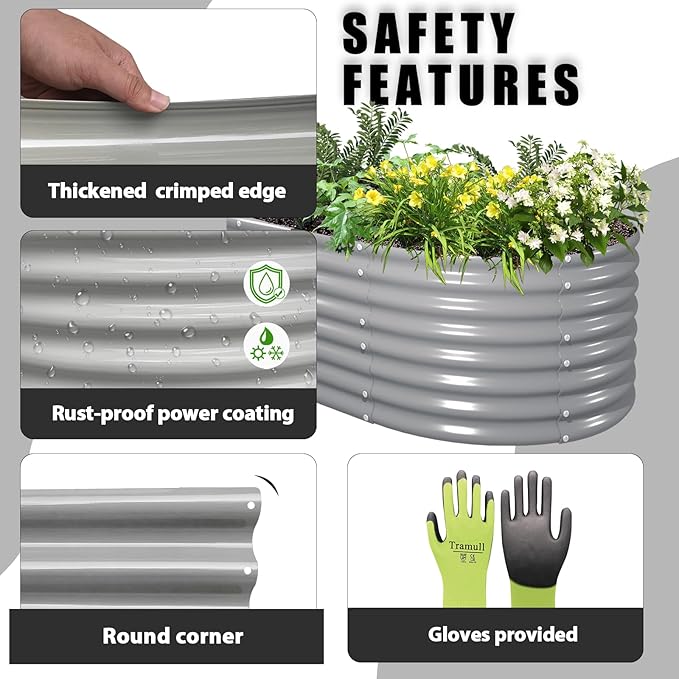 1 Pack 8x3x2FT Galvanized Raised Garden Bed Kit Oval Metal Ground Planter Box Outdoor Bottomless Planter Raised Beds for Vegetables Flowers Herbs Fruits, Gray