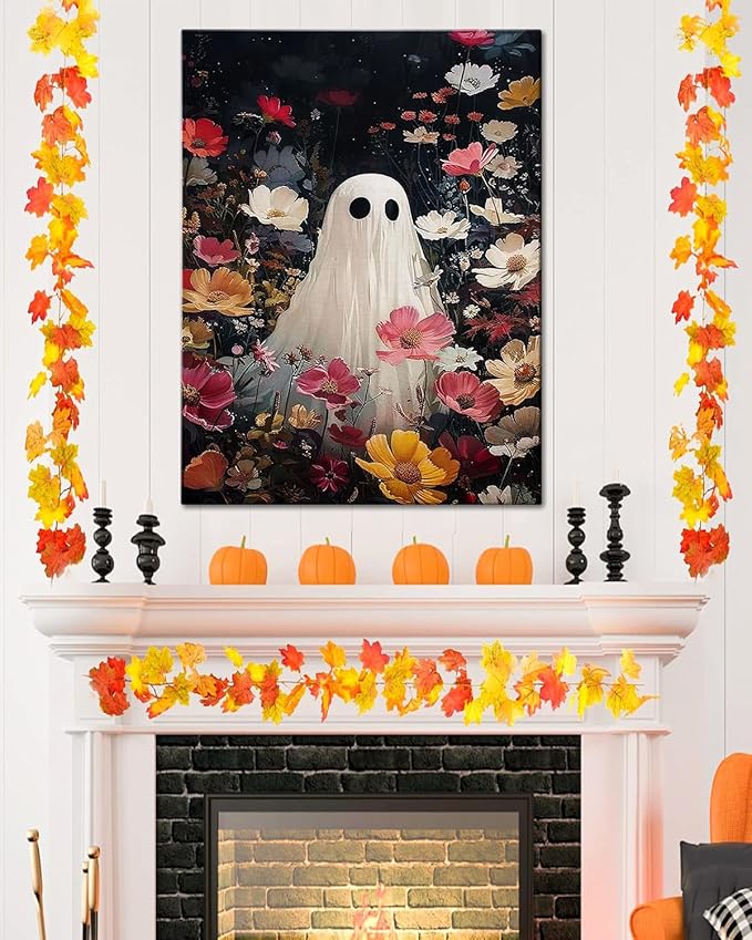 Halloween Canvas Wall Art,Vintage Cute Ghost & Wildflowers Framed Poster, Spooky Fall Decorations for Indoor, Gothic Dark Academia Wall Decor, Funny Halloween Decorations for Living Room Bedroom