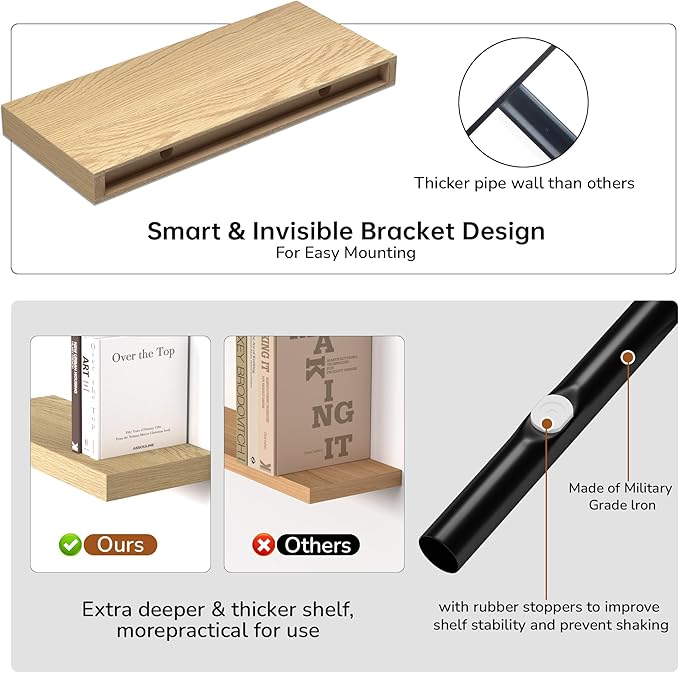 Fun Memories Floating Shelves - 16 Inch Wall Shelf for Decor & Storage - Wall Mounted Display Shelving with Invisible Heavy Duty Metal Bracket 2Pack, Oak