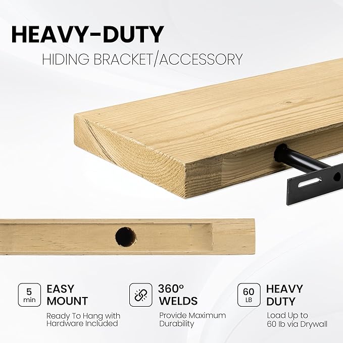 Fun Memories Floating Shelves for Wall Decor, 36"x8" Rustic Reclaimed Wood Shelves, Heavy-Duty Wall Mounted Shelves with Invisible Brackets, Set of 2for Living Room, Bedroom, Kitchen, Natural Finish