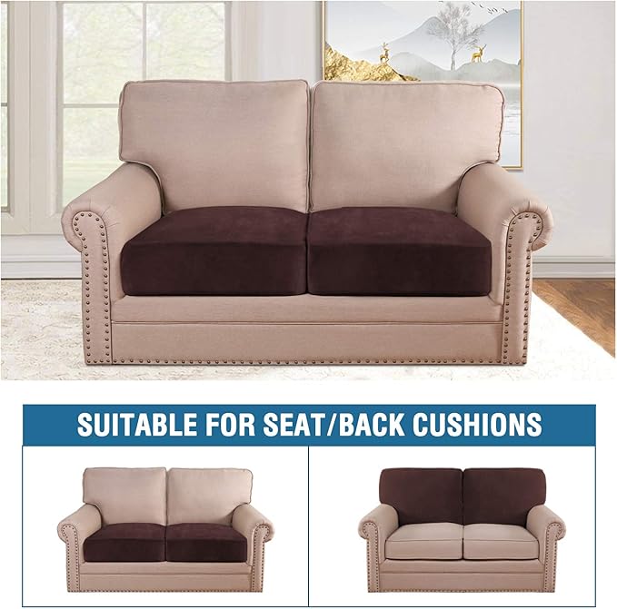 H.VERSAILTEX Velvet Stretch Couch Cushion Cover Plush Cushion Slipcover for Chair Loveseat Sofa Cushion Furniture Protector Seat Cushion Sofa Cover (2 Piece Large Sofa Cushion Covers, Brown)