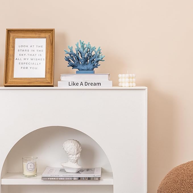 5.8" H Blue Coral Decor, Resin Coral Statue, Nautical Decorations for Home, Beach/Coastal/Ocean Themed Cabinet Shelf Tabletop Decor