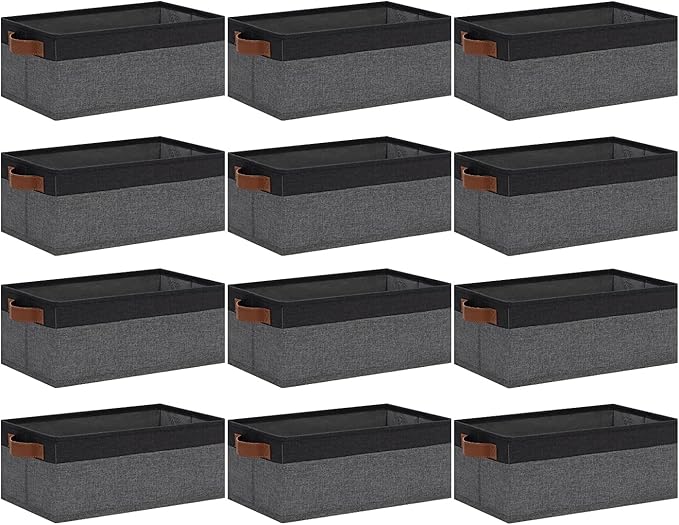 GhvyenntteS Small Fabric Storage Bins 12 Pack, 11.8" x 7.87" x 5.11" Storage Basket with Leather Handles, Closet Storage Bins for Shelves, Storage Baskets for Shelves, DVD Storage (Grey/Black)