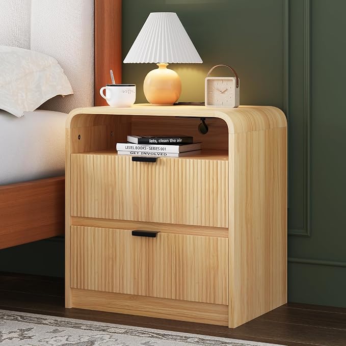 FURSUN 24" Fluted Nightstand with Charging Station, Wooden End Table with 2 Drawers Storage, Curved Profile Design, Modern Bedside Cabinet for Bedroom Living Room, Natural Oak