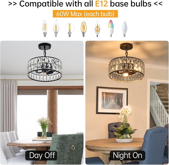 12” 3-Light Modern Crystal Chandeliers Black Dinning Room Light Fixture, Round Pendant Light Kitchen Island Chandelier, Flush Mount Ceiling Light for Living Room Entryway Bedroom Foyer