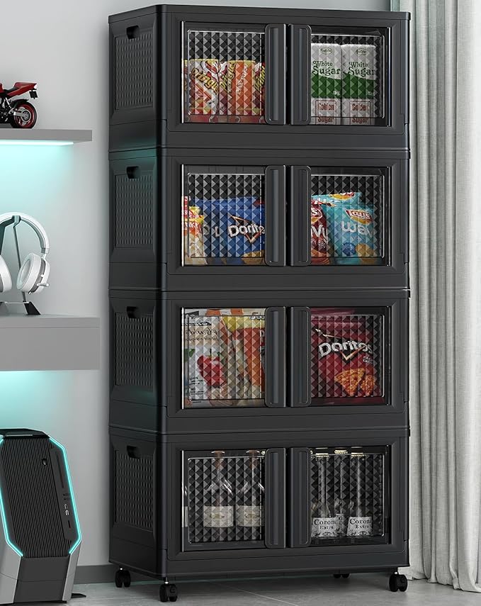 400Qt Stackable Storage Bins with Lids, 100Gal Closet Organizers and Storage Drawer, Plastic Collapsible Storage Bins with Doors, Heavy Duty Store Box Cabinet for Home Kitchen, 4Pack Black