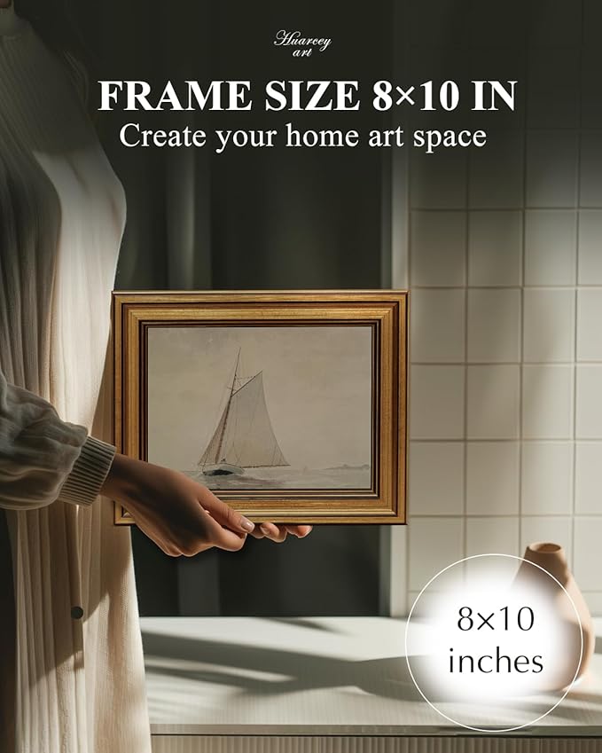 Gold Framed Vintage Wall Art for Living Room, Seaview Painting Prints Shelf Decor for Kitchen, Aesthetic Bedroom Wall Art, Christmas Gifts for Friends or Family (White Sailboat - 8"x10")