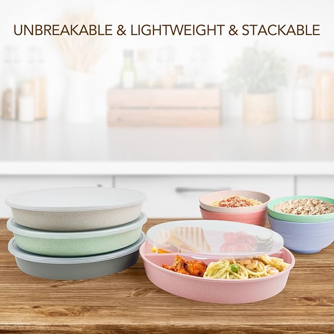 greenandlife 9 Inch 4PCS Divided Plates with Lids, Portion Control Plates for Kids Adults, Dishwasher Microwave Safe Compartment Plate, Unbreakable Lightweight Reusable Wheat Straw Plate Set, INS