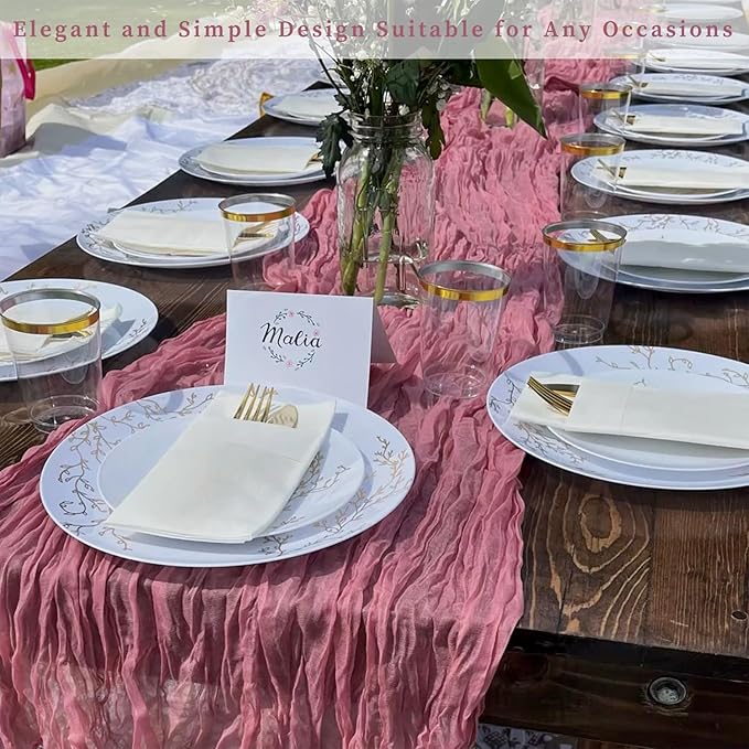 12 Pack Dusty Rose 10FT Cheesecloth Table Runner 20 x 120 Inch Long Rustic Gauze Fabric Cheese Cloth Table Runner for Wedding Bridal Baby Shower Table Decorations Boho Sheer Birthday Party Table Decor