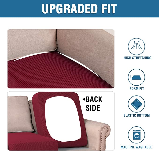 H.VERSAILTEX Super Stretch Individual Seat Cushion Covers Sofa Covers Couch Cushion Covers Slipcover Sets Thick Jacquard Textured Twill Fabric (2 Piece Medium Sofa Cushion Covers, Burgundy Red)