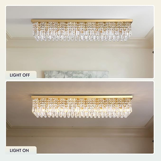 10 Lights Gold Flush Mount Rectangle Chandelier, Modern K9 Crystal Chandeliers Light Fixture Rectangular Raindrop Chandelier Pendant Island Light for Living Dining Room Kitchen Bar L47 Inch