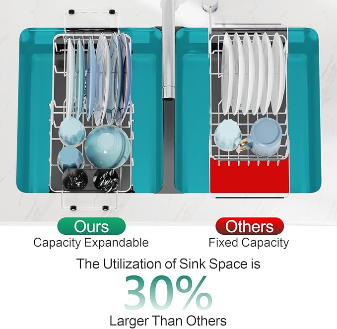 GSlife Expandable in Sink Small Dish Drying Rack - Stainless Steel Capacity Adjustable Over The Sink Dish Rack with Cup Holder (12" -16.8"), Dish Drainer for Kitchen Sink with Utensil Holder, Silver