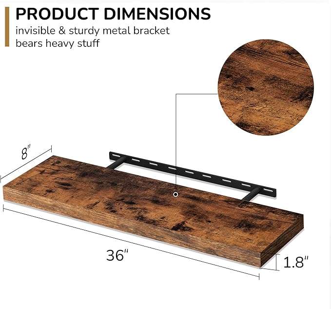 Fun Memories 36 Inch Floating Shelves - Deep Rustic Wooden Wall Shelves - Extra Deeper & Thicker Wall Mounted Storage Shelf for Bedroom, Kitchen, Farmhouse - 2 Pack, Rustic Brown