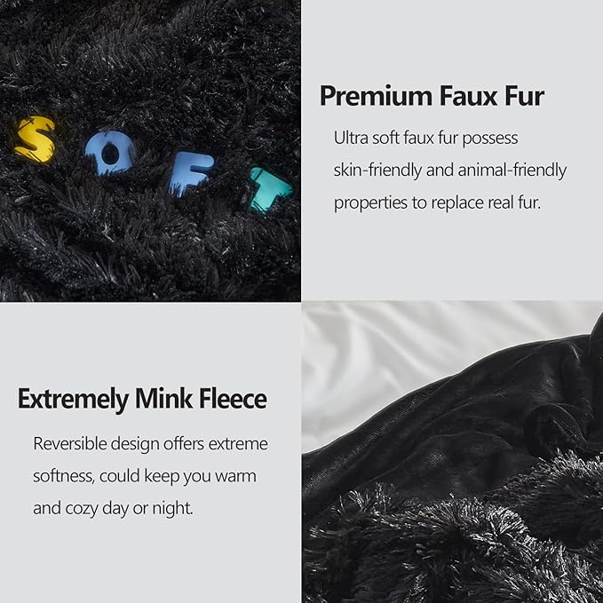 GONAAP Fuzzy Faux Fur Throw Blanket Black Super Soft Cozy Plush Fuzzy Shaggy Blanket for Couch Sofa Bed (Black, Throw(50"x60"))
