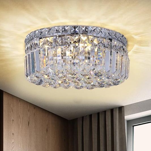 4-Light Crystal Flush Mount Chandelier Light Fixture with K9 Crystals Modern Ceiling Lights Elegant Pendant Lamp for Bedroom,Hallway,Bar,Living Room,Dining Room,H5.9 xW13.7(Bulbs Not Included)