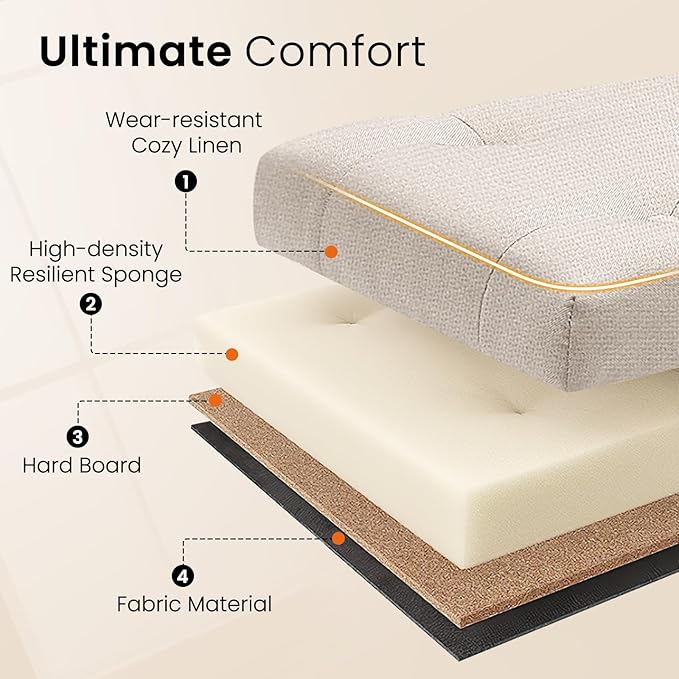 Furniliving 42” Ottoman Bench with Storage, Folding Storage Ottoman Benches with Wood Legs, Upholstered Bedroom Bench with Button-Tufted, Entryway Bench for Bedroom, Linen, Beige