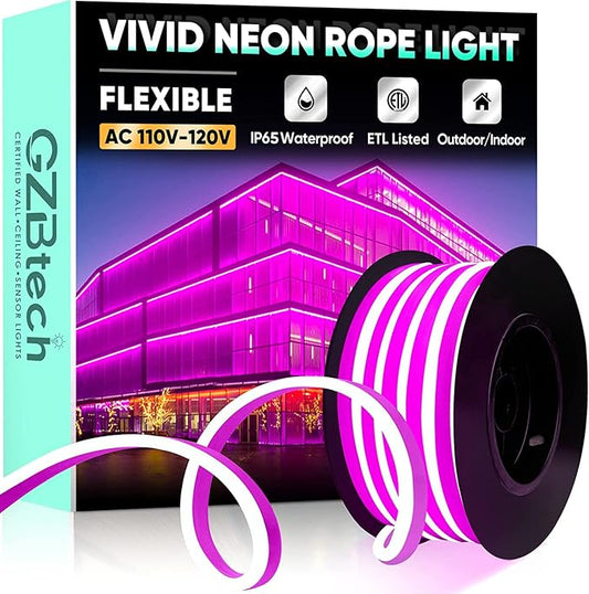 GZBtech Flexible LED Neon Rope Lights 16.4FT,AC 110-120V Waterproof Strip Light, 120LEDs/M Cuttable Connectable Neon Lighting for Indoor Outdoor Home Decor/Commercial Building Use-Pink 5M