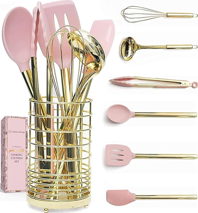 Gold and Pink Kitchen Utensil Set with Holder - 7-Piece Cooking Tools with Gold Whisk, Ladle, Tongs, Turner, Spatula, and Spoon - Stylish Pink Kitchen Accessories for Modern Cooking & Serving