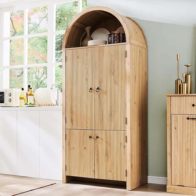71" Tall Arched Bathroom Storage Cabinet, Modern Fluted Storage Cabinet w/Doors, 3 Adjustable Shelves, 6 Door Shelves, Wood Freestanding Cabinet for Bathroom, Entryway, Hallway, Natural