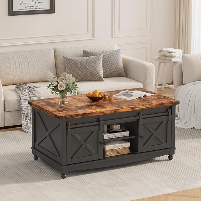 48" Farmhouse Lift Top Coffee Table with Storage Sliding Barn Door & Large Hidden Compartment, Coffee Table with Lifting Top with Wooden Lift Tabletop, Coffee Tables for Living Room, Black