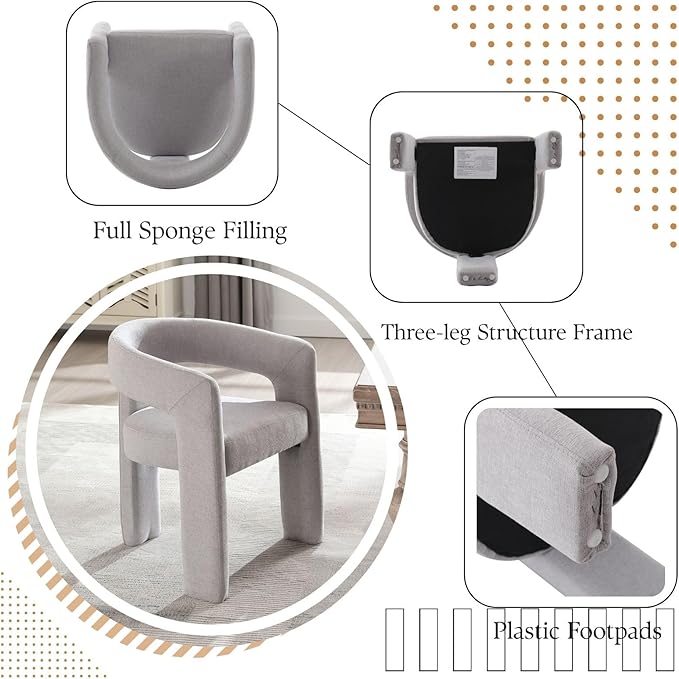 Grey Chenille Dining Chairs Set of 4, Modern Barrel Dining Room Chairs Upholstered Faux Fur Accent Chair with Arms and Round Back for Living Room Kitchen Armchair No Assembly Needed