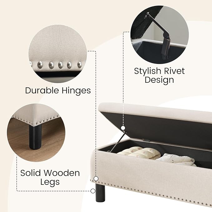 Furniliving 42” Ottoman Bench with Storage, Folding Storage Ottoman Benches with Wood Legs, Upholstered Bedroom Bench with Button-Tufted, Entryway Bench for Bedroom, Linen, Beige
