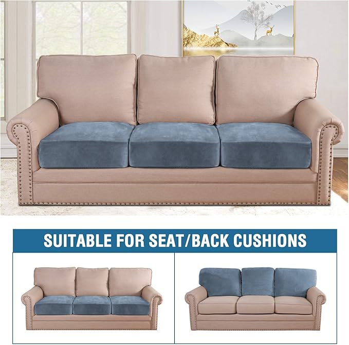 H.VERSAILTEX Velvet Stretch Couch Cushion Cover Plush Cushion Slipcover for Chair Loveseat Sofa Cushion Furniture Protector Seat Cushion Sofa Cover (3 Piece XL Sofa Cushion Covers, Stone Blue)