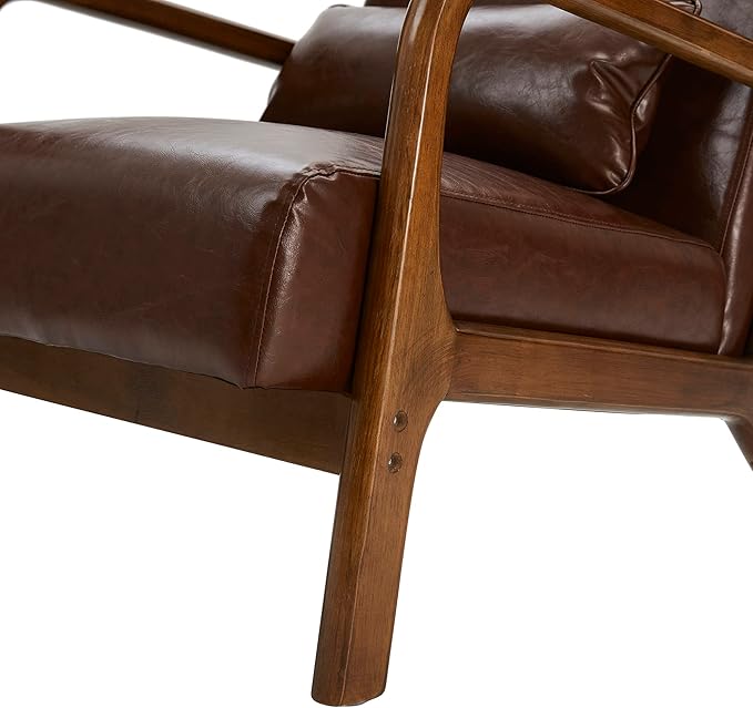 Glitzhome 30.75 "H Mid Century Coffee Accent Armchair, Single Reading Armchair PU Leather Lounge Chair with Walnut Ruberwood Frame