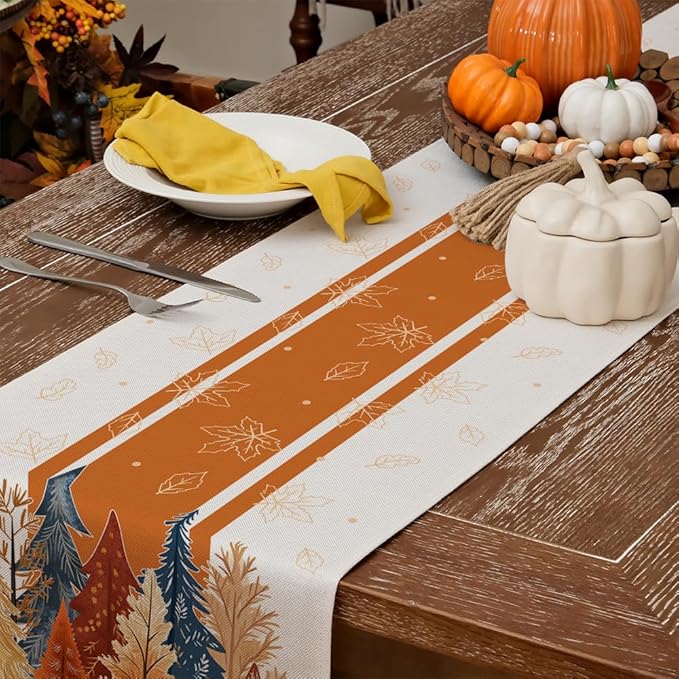 GEEORY Fall Watercolor Trees & Maple Leaves Striped Table Runner 13x120 Inch, Rustic Farmhouse Autumn Thanksgiving Decor for Kitchen, Dining, Indoor/Outdoor Holiday Dinner Party Orange GT157-120