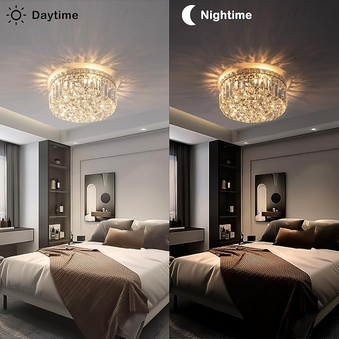 4-Light Crystal Flush Mount Chandelier Light Fixture with K9 Crystals Modern Ceiling Lights Elegant Pendant Lamp for Bedroom,Hallway,Bar,Living Room,Dining Room,H5.9 xW13.7(Bulbs Not Included)
