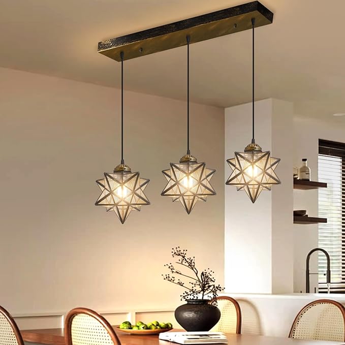 Glam Chandelier 3 Lights Glass Star Pendant Lights for Dining Table Kitchen Island Modern Ceiling Hanging Lights Included LED Warm Light Bulbs Oiled Bronze