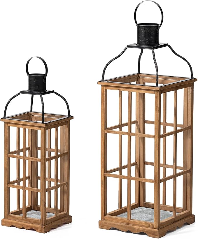 Glitzhome Set of 2 Oversized Farmhouse Wood Lanterns with Metal Top Decorative Hanging Candle Lanterns for Home Décor, Natural (No Glass)