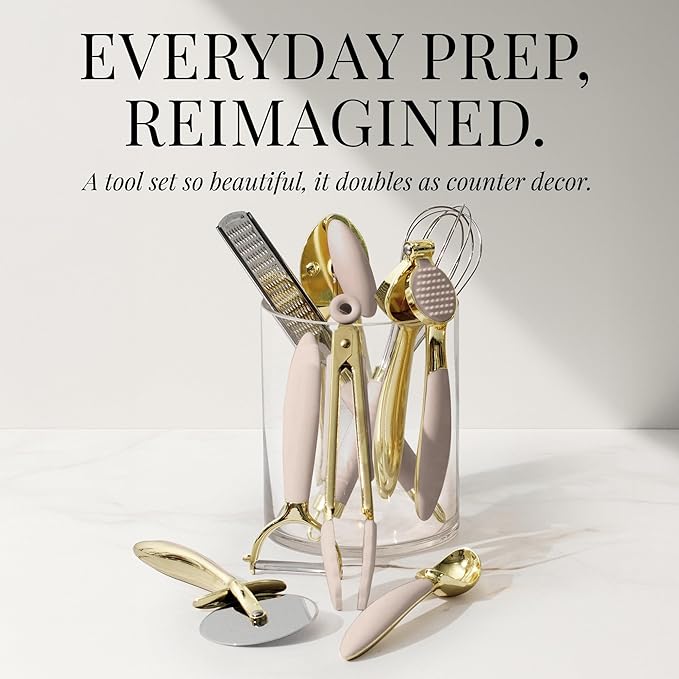 Gold and Beige Kitchen Utensils Set – 8 PC Cooking Gadgets with Mini Gold Whisk and Tongs, Pizza Cutter, Garlic Press, Cheese Grater, Peeler, Can Opener, Scoops – Stylish Beige Kitchen Accessories