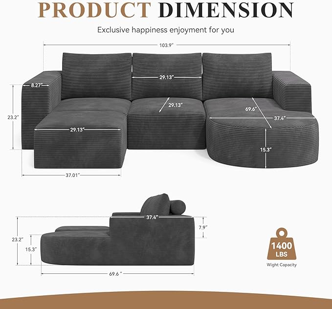 Modular Sectional Sofa with L-Shape Chaise,Cloud Sectional Modern Sleeper Couch with Deep Seat,Sponge Compression Sofas No Assembly Required (Dark Gray-Corduroy Fabric) 1pcs