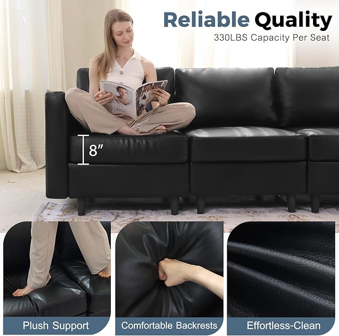 118.5" Faux Leather Modular Sectional Sofa with Storage Seat, Oversized 4 Seater Couch Deep Seat with Removable Cover Black