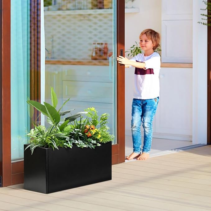 Galvanized Steel Metal Planter Rectangular Indoor Black Planter Box Large Outdoor Planters Steel 25" Lx 11" W x 13" H Commercial Residential for Patio, Deck, Garden