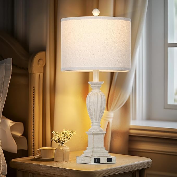 27" Farmhouse 3 Way Dimmable Touch Table Lamp Set of 2 Rustic Classic Bedside Nightstand Wood Lamps for Living Room Bedroom with USB C+A Ports Washed White (2 Bulbs Included)
