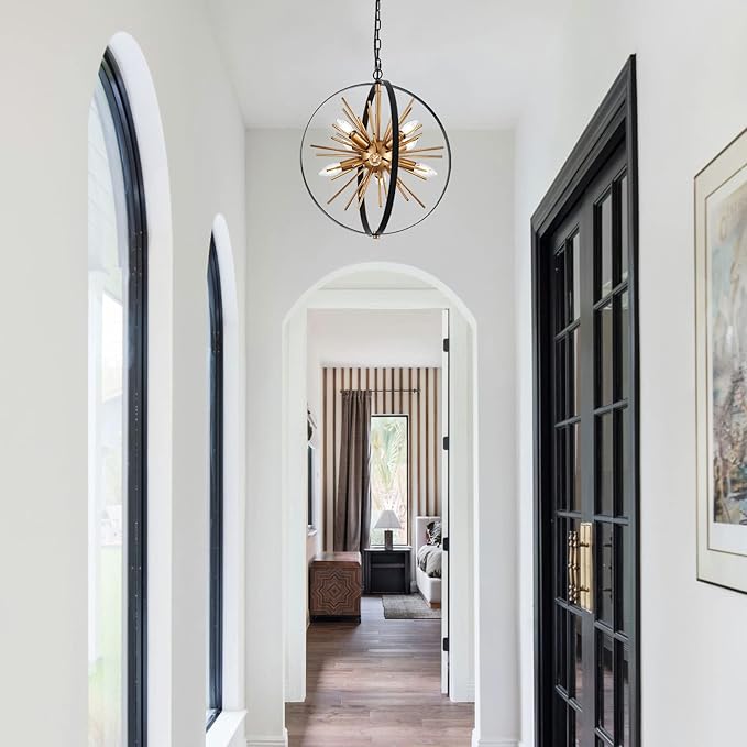 17.72'' Black Gold 8-Light Globe Sputnik Chandelier Modern Industrial Adjustable Hanging Ceiling Firework Pendant Light Fixture for Entryway Stairway Kitchen Dining Living Room Hallway