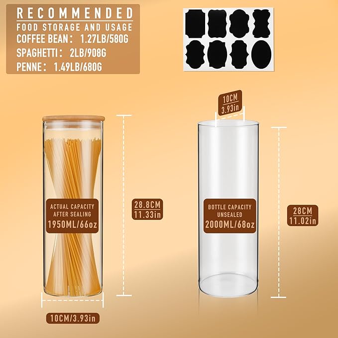 70oz Straight cylindrical Airtight Storage Jars with Bamboo Lid Set of 3 Storage Container Glass Jars, Kitchen Canister for Noodles, Pasta and Coffee beans (‎with Black Lable)
