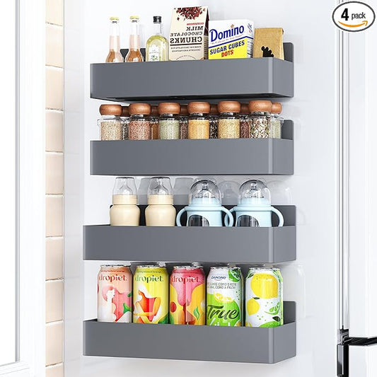 Magnetic Spice Rack for Refrigerator, Kitchen Organizer and Storage Shelf, Grey (4 Pack)…