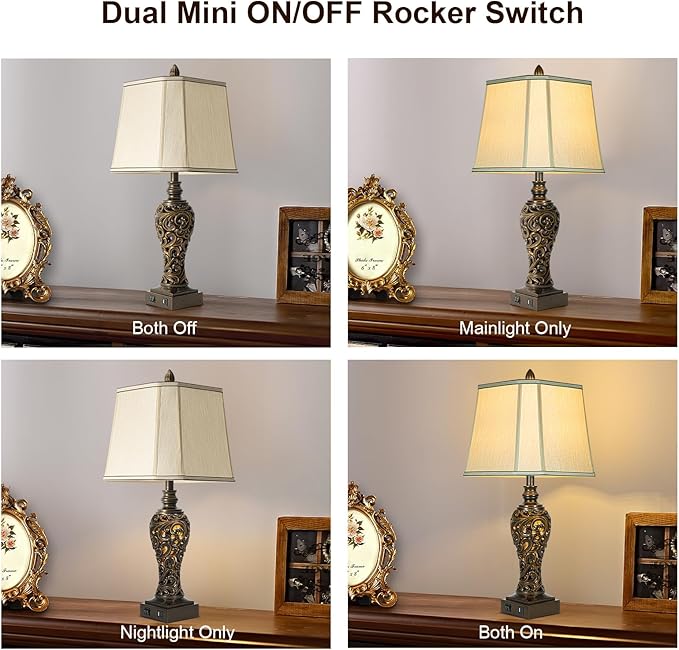 28.5" high Vintage Brown Table Lamps Set of 2 - Bedside Lamp with Faux Silk Shades - for Bedroom and Living Room with USB and Nightlight - Perfect for Nightstands and Bedrooms (Bulb Included)