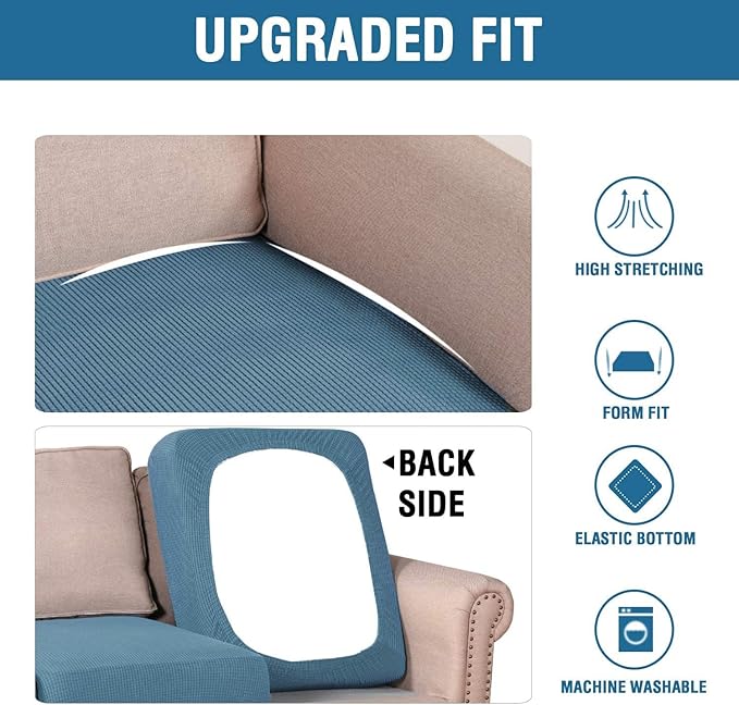 H.VERSAILTEX Super Stretch Individual Seat Cushion Covers Sofa Covers Couch Cushion Covers Slipcover Sets Thick Jacquard Textured Twill Fabric (2 Piece Medium Sofa Cushion Covers, Dusty Blue)