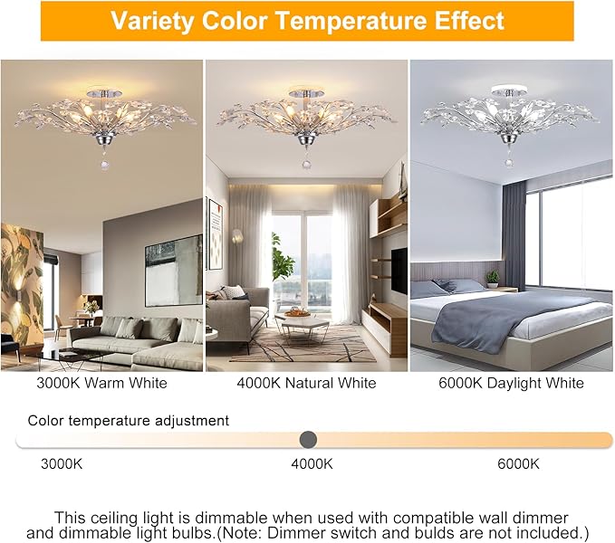 Ganeed Frozen Crystal Branch Close to Ceiling Light Chrome Silvery Vintage Chandelier with 5-Light Heads, Modern K9 Crystal Chandelier for Dining Room Living Room Bedroom Kitchen Over Table