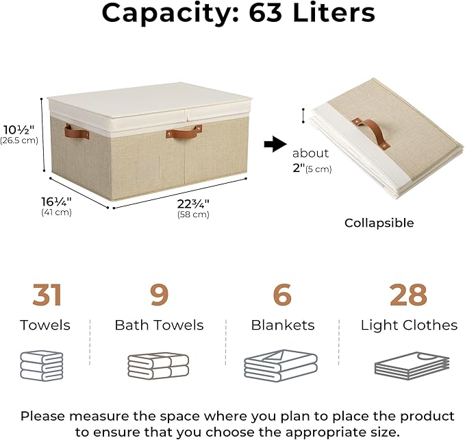 GRANNY SAYS Decorative Storage Boxes with Lid, Large Storage Bins with Double-Open Lid and Divider, Fabric Storage Bin for Clothes, 63L Closet Linen Storage Bin, White/Khaki