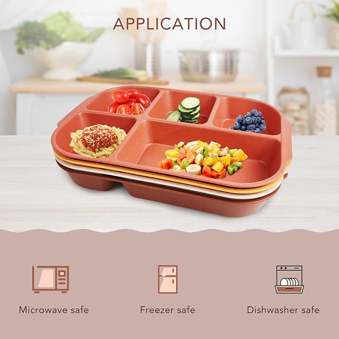 greenandlife 10.8 Inch 4PCS Divided Plates for Kids Adults, Portion Control Plates, Dishwasher & Microwave Safe Compartment Plate, Unbreakable Lightweight Reusable Wheat Straw Plates, Sunset