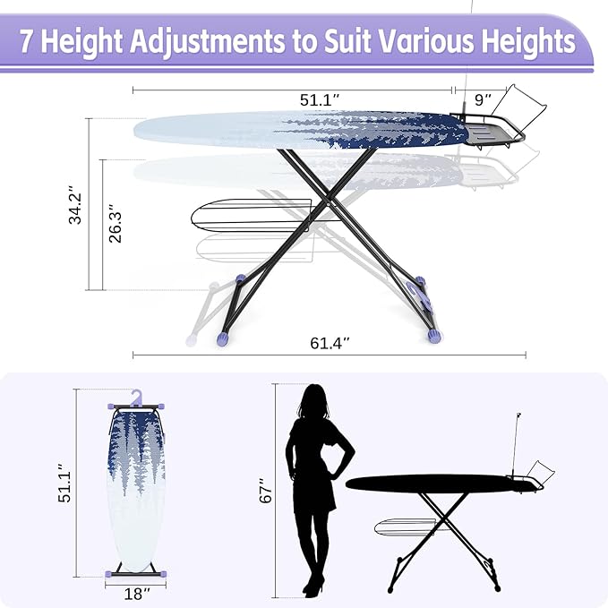 Full Size Ironing Board, 18x51 Iron Board with Metal Panel Stretchable Iron Rest, Adjustable Height Heavy Duty Heat & Scorch Resistant Cover Ironing Board, for Home, Laundry, Purple