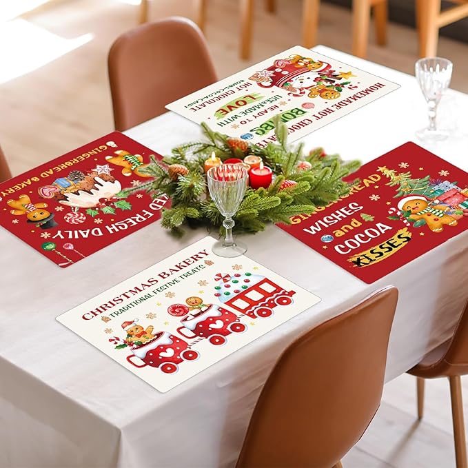 Gingerbread Christmas Placemats Set of 6 Gingerbread Candy Plastic Table Mats Hot Cocoa Place Mats Xmas Gnome Tree Washable Table Decoration for Indoor Outdoor Party Kitchen Dining