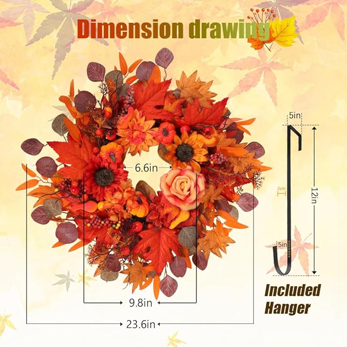 24" Fall Wreath for Front Door Outside - Sunflower, Pumpkin, Berry & Maple Leaves | Weatherproof Autumn Outdoor Wreaths with Hanger Hook for Thanksgiving, Harvest